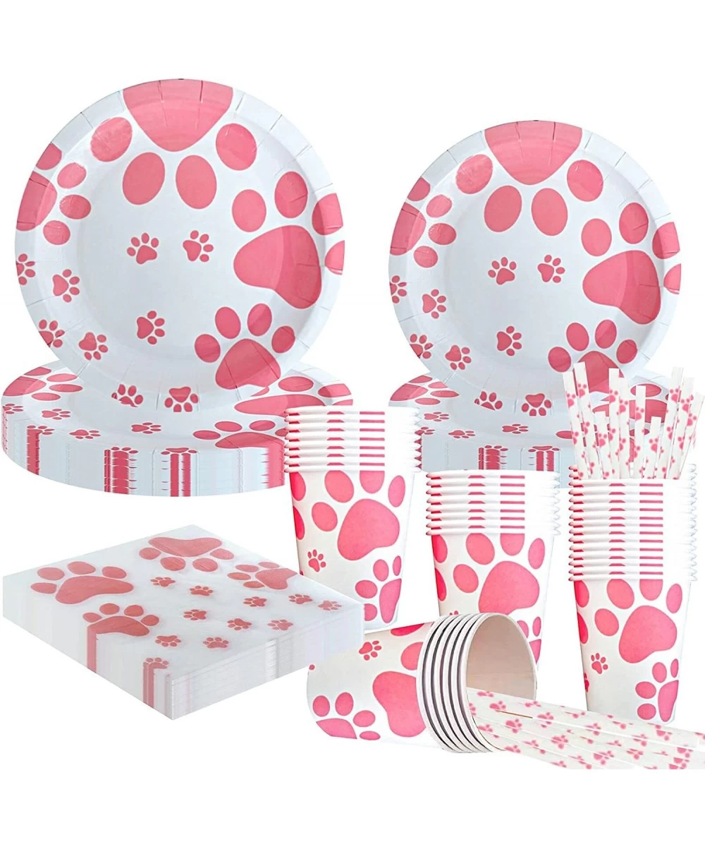 Pink Dog Paw Prints Birthday Party Supplies-Complete Pack Pink Dog Paw Prints Theme Tableware Set Including Dog Paw Paper Pla...