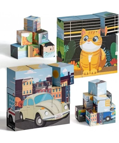 Wooden Block Puzzles Cube Puzzles Animals & Vehicles Puzzles 6 Puzzles in 1 (2 Pack 18 Pcs) Preschool Educational Toys for Ch...