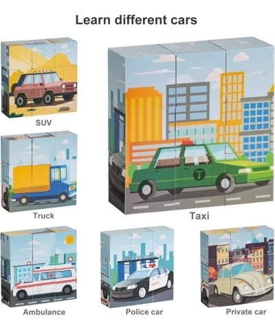 Wooden Block Puzzles Cube Puzzles Animals & Vehicles Puzzles 6 Puzzles in 1 (2 Pack 18 Pcs) Preschool Educational Toys for Ch...