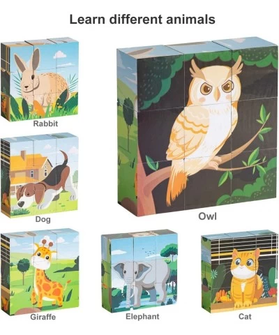 Wooden Block Puzzles Cube Puzzles Animals & Vehicles Puzzles 6 Puzzles in 1 (2 Pack 18 Pcs) Preschool Educational Toys for Ch...