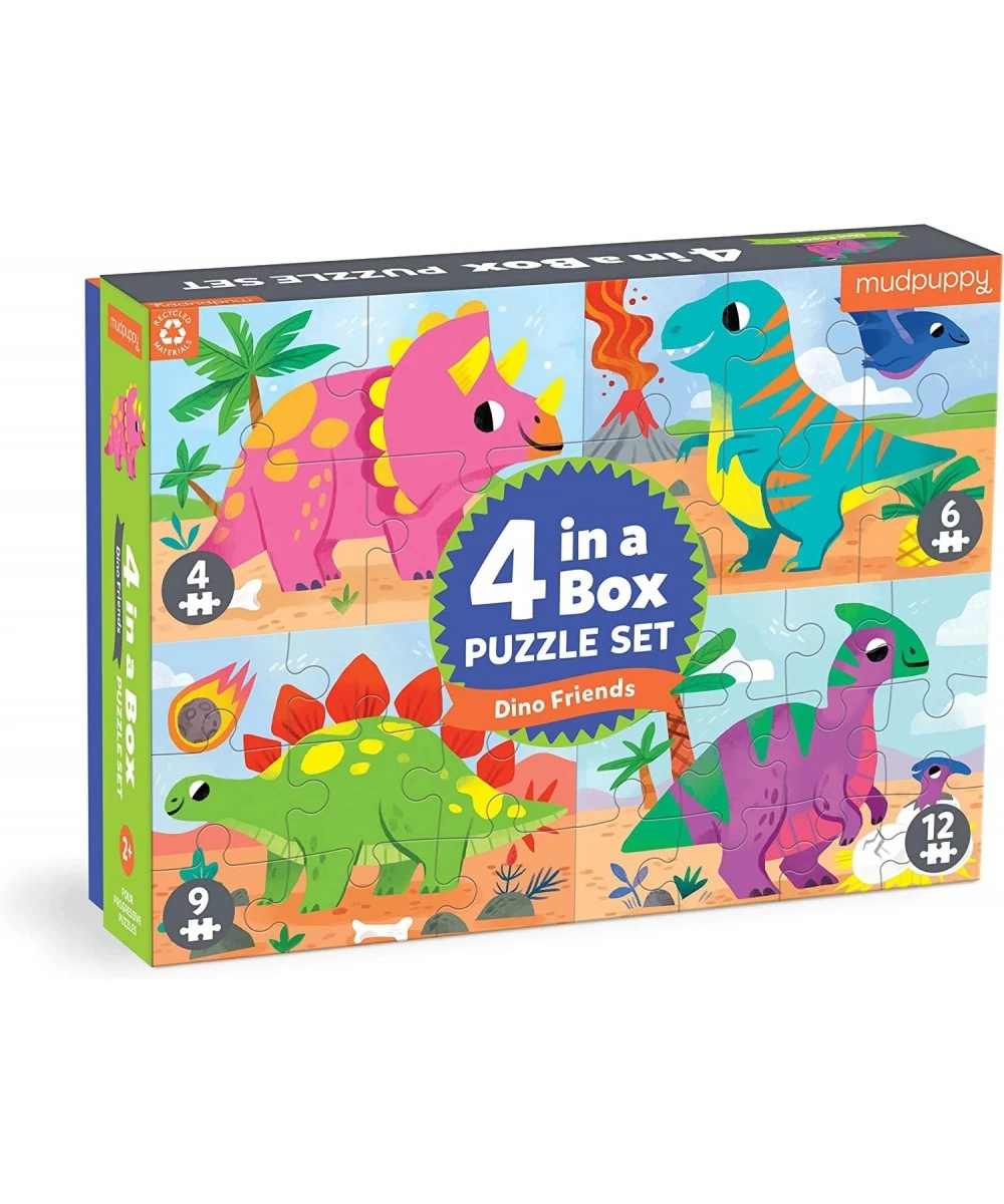 Dino Friends 4-in-a-Box Puzzle Set from Mudpuppy Includes 4 Progressive Jigsaw Puzzles for Kids with 4-12 Pieces Colorful Din...