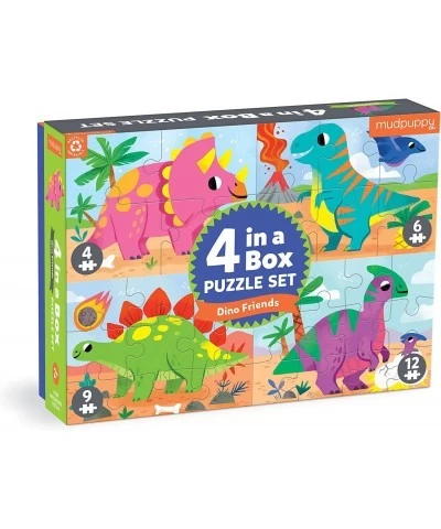 Dino Friends 4-in-a-Box Puzzle Set from Mudpuppy Includes 4 Progressive Jigsaw Puzzles for Kids with 4-12 Pieces Colorful Din...