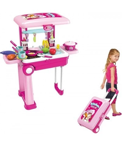 2-in-1 Travel Suitcase and Kitchen Set for Kids Pretended Play Kitchen Toy Set with 25+ Accessories Includes Toy Pots Pans Di...