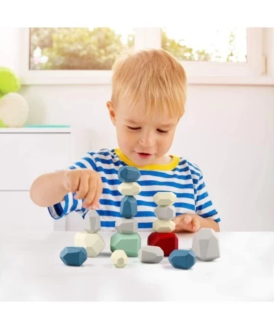 16PCS Colorful Stone Stacking Blocks for Kids Wooden Building Blocks Set for Toddlers 3+ Baby Rock Stone Sorting Blocks Game ...