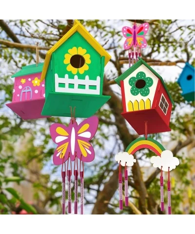 Crafts for Kids Ages 4-8 - 4 Pack DIY Bird House Wind Chime Kit - Build and Paint Birdhouse (Includes Paints & Brushes) Woode...