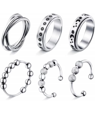 4-6Pcs Stainless Steel Fidget Ring- Anxiety Ring For Women Men Stress Relieving Spinner Ring Triple Interlocked Rolling Flowe...