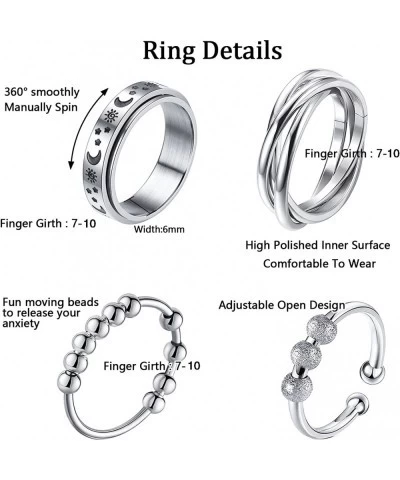 4-6Pcs Stainless Steel Fidget Ring- Anxiety Ring For Women Men Stress Relieving Spinner Ring Triple Interlocked Rolling Flowe...