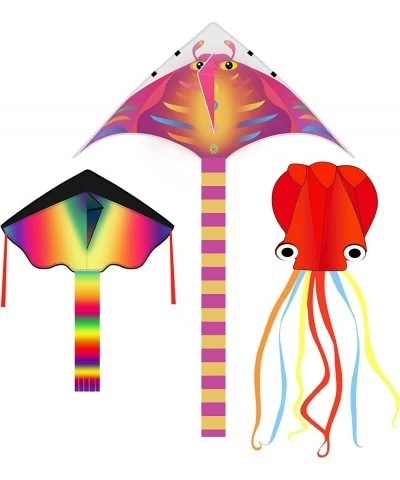 3 Pack Kites-Large Rainbow Delta Kite Devil Fish Kite Red Mollusc Octopus with Long Colorful Tail for Kids Adults Outdoor Gam...