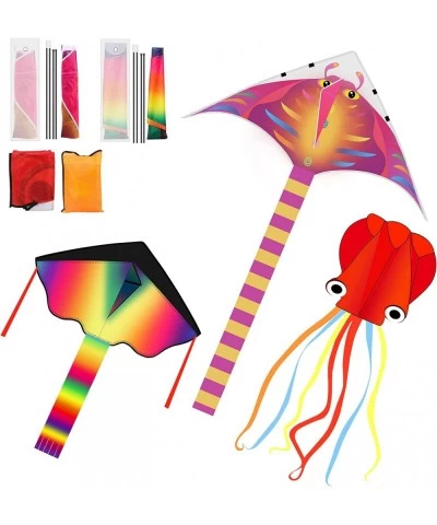 3 Pack Kites-Large Rainbow Delta Kite Devil Fish Kite Red Mollusc Octopus with Long Colorful Tail for Kids Adults Outdoor Gam...