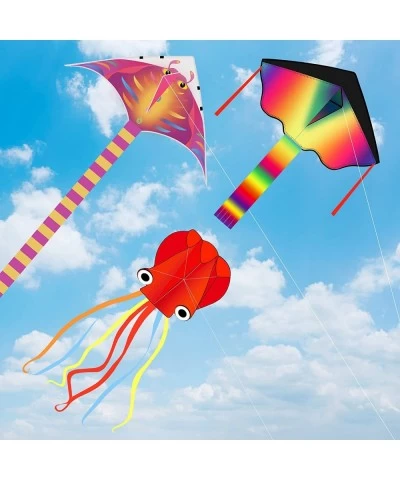 3 Pack Kites-Large Rainbow Delta Kite Devil Fish Kite Red Mollusc Octopus with Long Colorful Tail for Kids Adults Outdoor Gam...