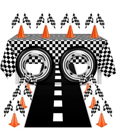 24 Pieces Race Car Party Supplies Include Traffic Cones Checkered Flag Flags Tablecloth Track Running Mat and Tire Tube Swimm...