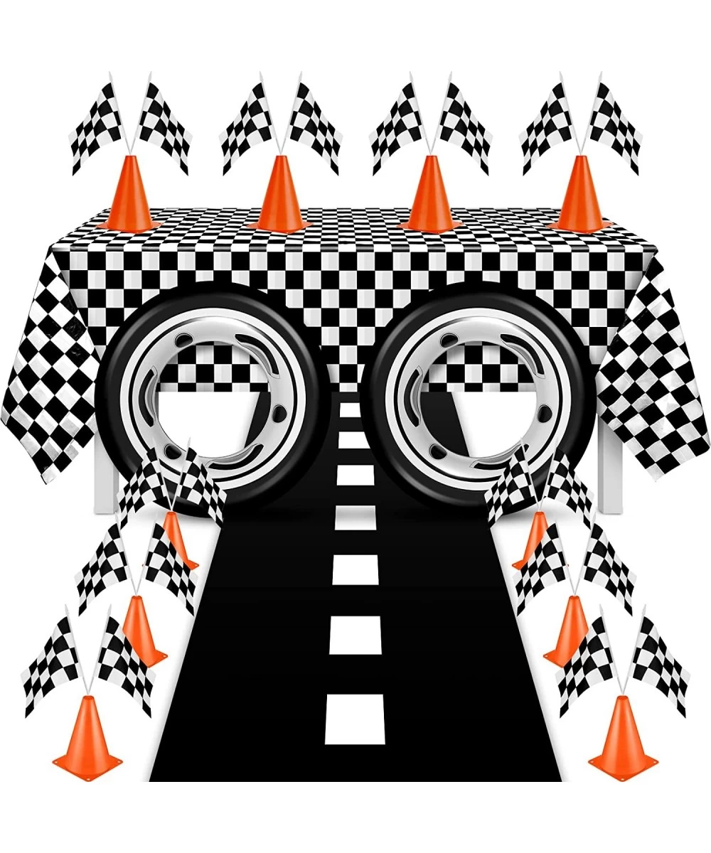 24 Pieces Race Car Party Supplies Include Traffic Cones Checkered Flag Flags Tablecloth Track Running Mat and Tire Tube Swimm...