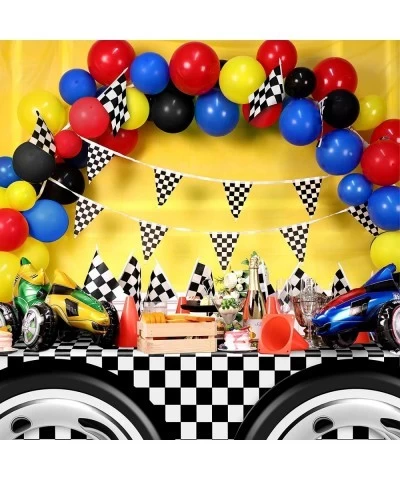 24 Pieces Race Car Party Supplies Include Traffic Cones Checkered Flag Flags Tablecloth Track Running Mat and Tire Tube Swimm...