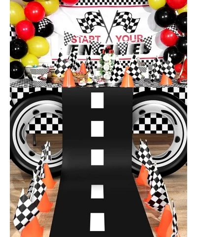 24 Pieces Race Car Party Supplies Include Traffic Cones Checkered Flag Flags Tablecloth Track Running Mat and Tire Tube Swimm...