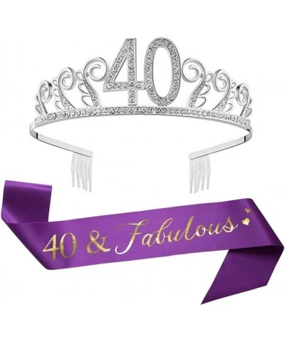 40th Silver Birthday Tiara and Sash Glitter Satin Sash"40 & Fabulous" and Crystal Rhinestone Birthday Crown for Happy 40th Bi...