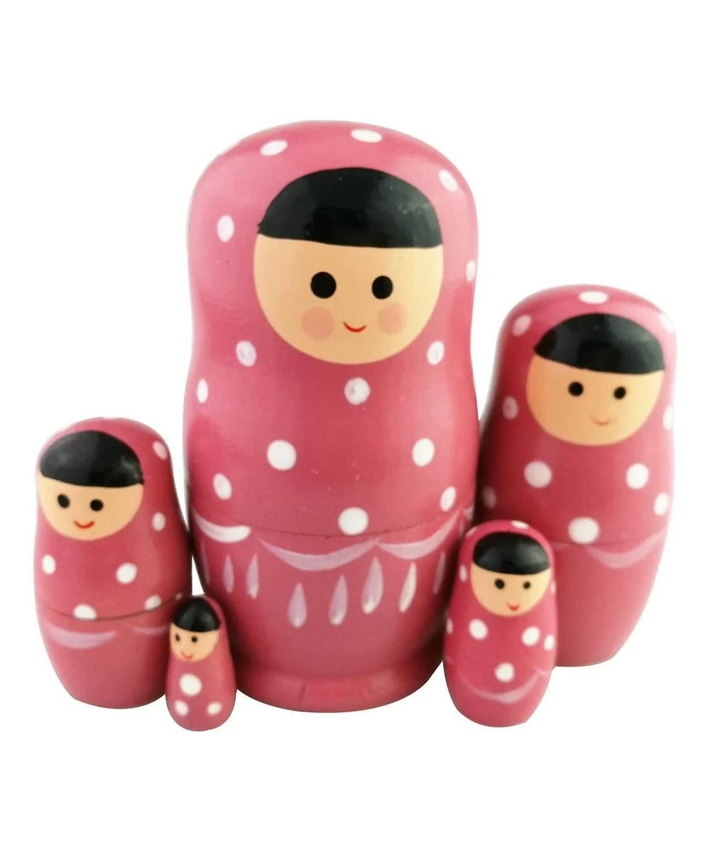 Set of 5 Adorable Pink Cartoon Girl White Dotted Wooden Nesting Dolls Matryoshka Russian Doll Popular Handmade Stacking Toys ...