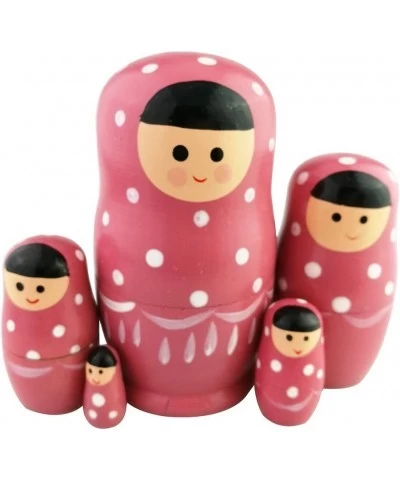 Set of 5 Adorable Pink Cartoon Girl White Dotted Wooden Nesting Dolls Matryoshka Russian Doll Popular Handmade Stacking Toys ...