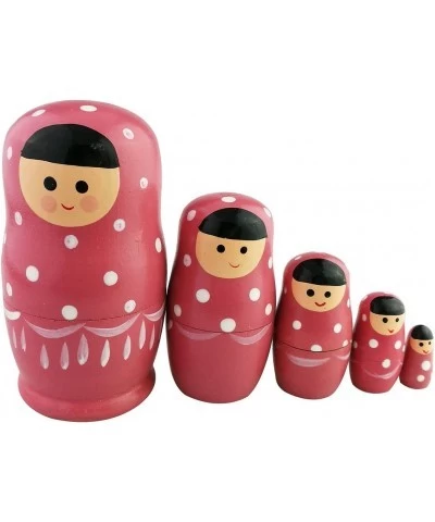 Set of 5 Adorable Pink Cartoon Girl White Dotted Wooden Nesting Dolls Matryoshka Russian Doll Popular Handmade Stacking Toys ...