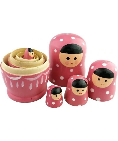 Set of 5 Adorable Pink Cartoon Girl White Dotted Wooden Nesting Dolls Matryoshka Russian Doll Popular Handmade Stacking Toys ...