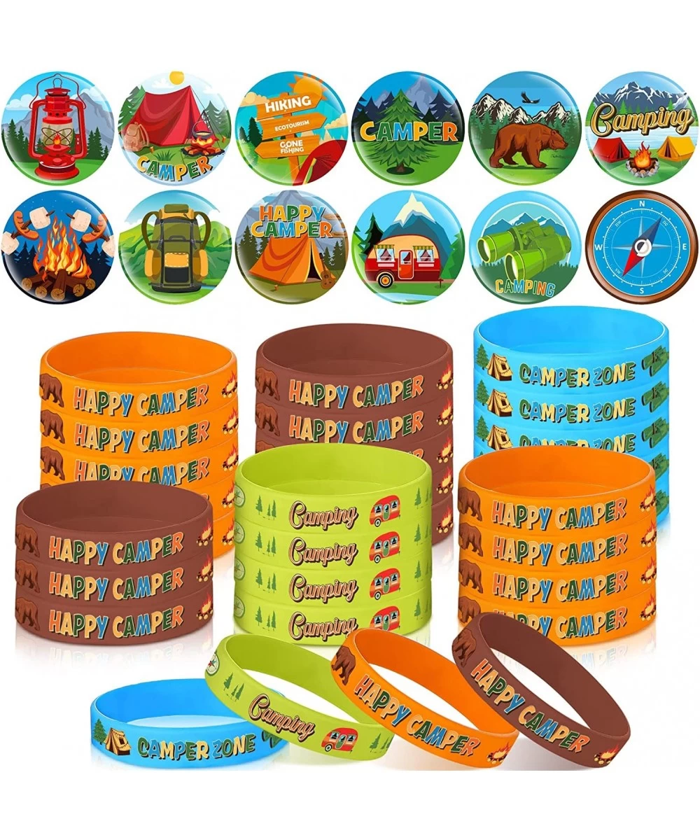 48 Pieces Happy Camper Party Favors Kit 24 Camping Adventure Bears Sign Silicone Bracelets and 24 Camping Birthday Badge Deco...