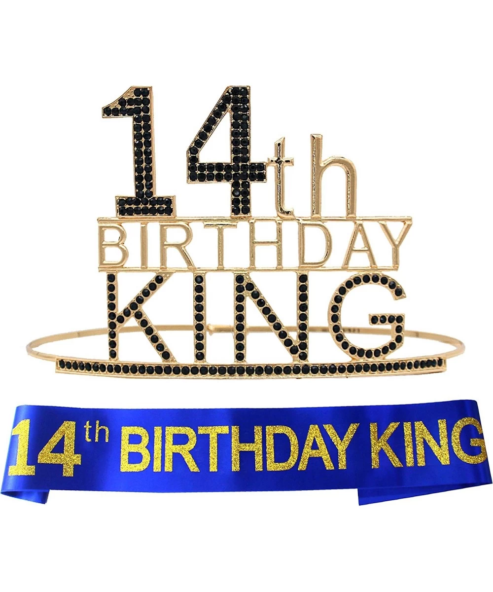 14th Birthday King Crown and Sash for Boys - Majesty Gold & Black Premium Metal Crown for Him + Blue & Gold Sash 14th Birthda...