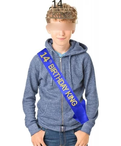 14th Birthday King Crown and Sash for Boys - Majesty Gold & Black Premium Metal Crown for Him + Blue & Gold Sash 14th Birthda...