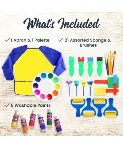 29 Piece Learning Kids Paint Set - 21 Piece Assorted Sponges & Paint Brushes Including 6 Washable Kids Paint 1 Apron & a Pale...