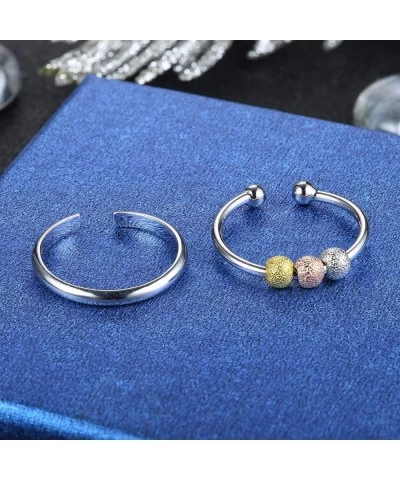 2 Pcs 925 Sterling Silver Anxiety Rings for Women Spinner Fidget Bead Rings for Anxiety Worry Adjustable Open Peace Stackable...