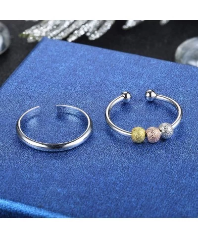 2 Pcs 925 Sterling Silver Anxiety Rings for Women Spinner Fidget Bead Rings for Anxiety Worry Adjustable Open Peace Stackable...