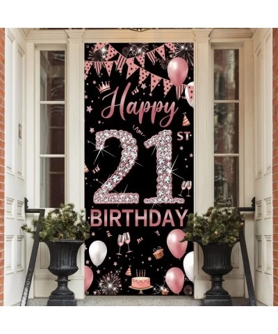 21st Birthday Decorations Door Banner Rose Gold Happy 21st Birthday Decorations for Her Door Cover Sign Poster Decorations 21...