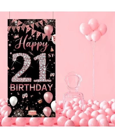 21st Birthday Decorations Door Banner Rose Gold Happy 21st Birthday Decorations for Her Door Cover Sign Poster Decorations 21...