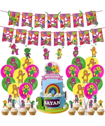 Barney and Friends Birthday Party Decoration Include Barney Birthday Banner Cake Topper Latex Balloons Hanging Swirls for Bar...