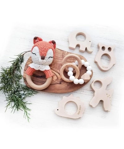 Baby Wooden Teething Toys 4pk Sea Animal Teether Set Natural Organic Untreated Pacifier Pendant Whale Turtle Elephant Hedgeho...