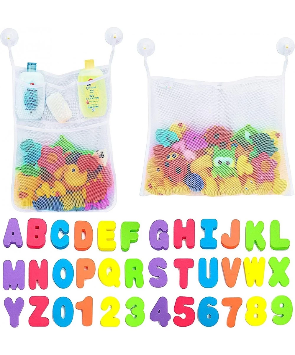 2 x Mesh Bath Toy Organizer + 6 Ultra Strong Hooks + 36 Bath Letters & Numbers – Eco-Safe Fun Educational Foam Baby Bath Lett...