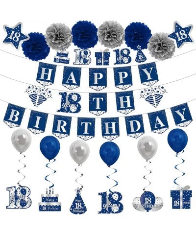 Blue Silver 18th Birthday Banner Decorations Kit for Boys 26pcs Eighteen Birthday Banner Party Supplies 18 Years Old Birthday...