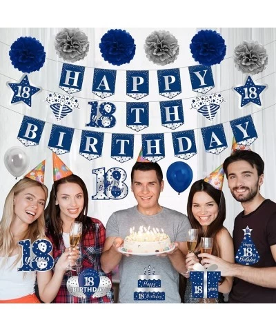 Blue Silver 18th Birthday Banner Decorations Kit for Boys 26pcs Eighteen Birthday Banner Party Supplies 18 Years Old Birthday...