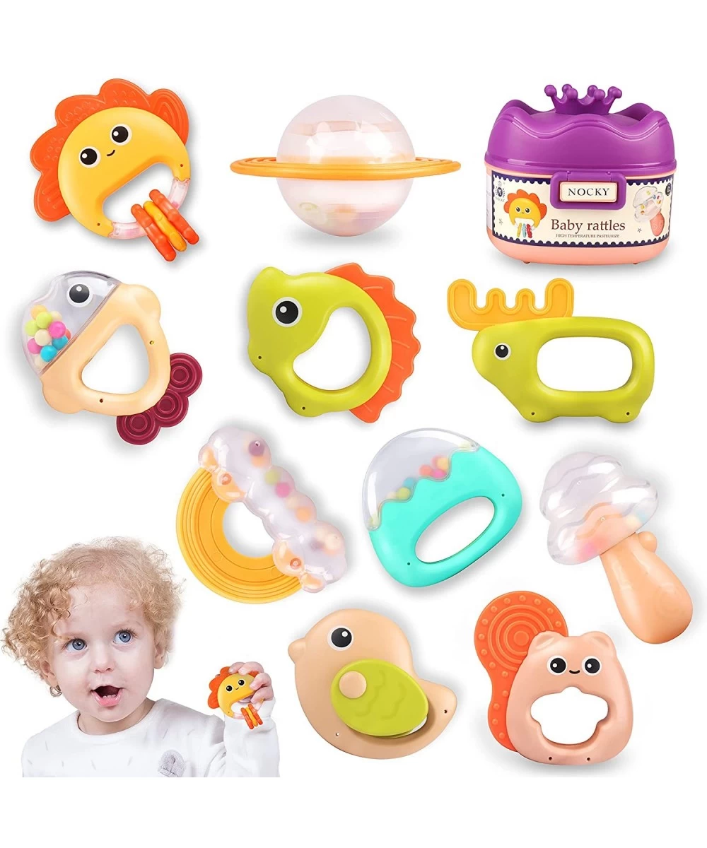 Baby Rattles Teething Toys Set 10pcs Early Development Sensory Toys with Soft Nubs Infant Grab Shake Rattle Freezable Teether...