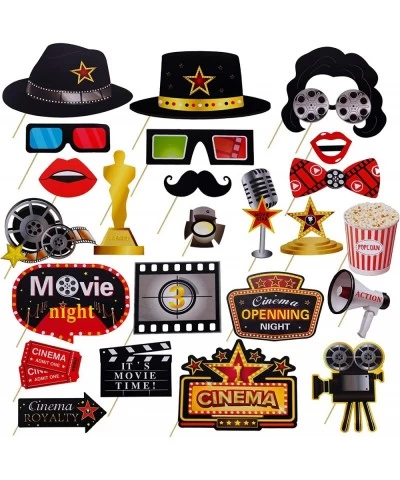 25Pcs Hollywood Photo Booth Props Kit Movie Night Party Supplies Decorations Red Carpet Cutouts Movie Party Cards Table Toppe...