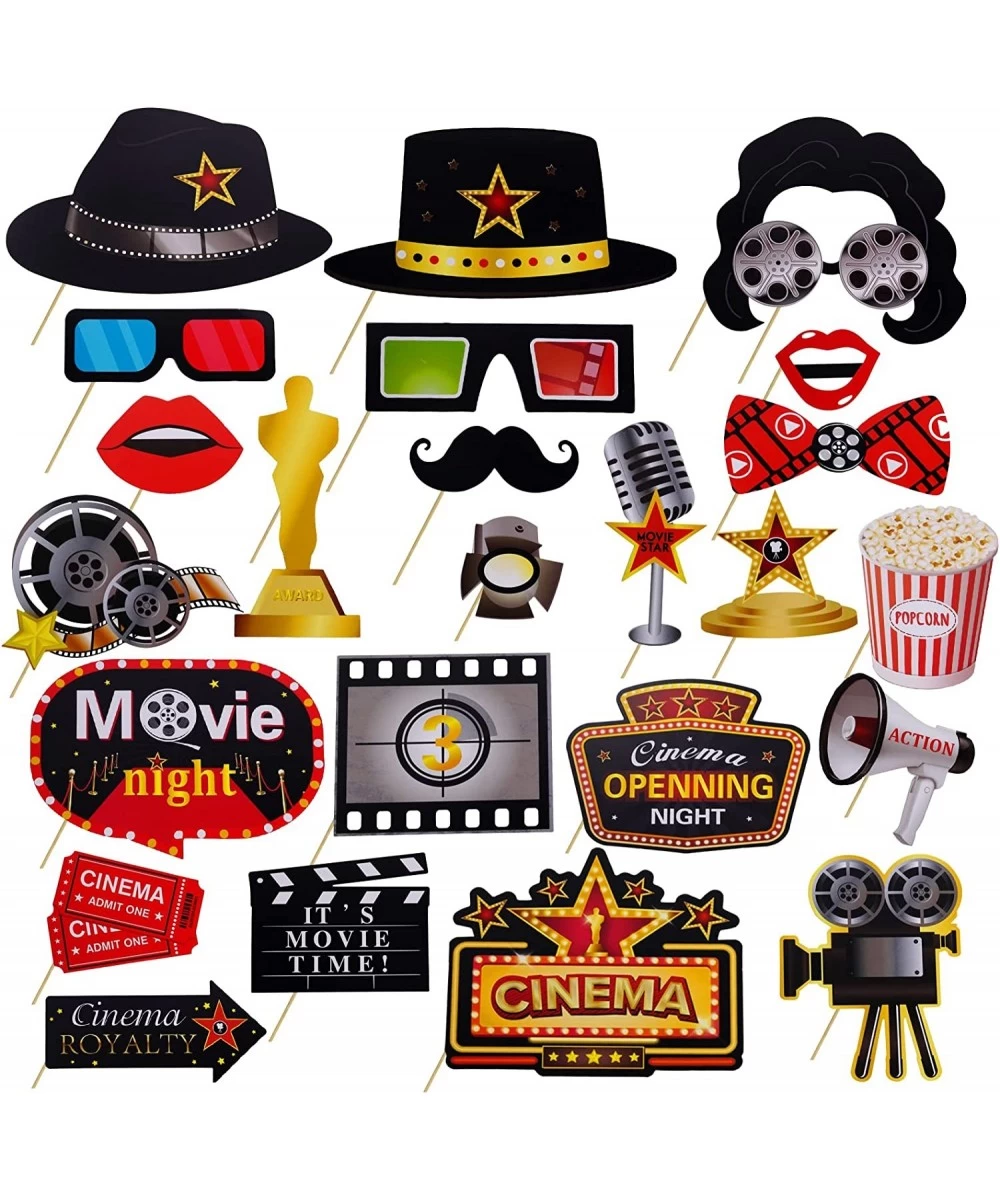 25Pcs Hollywood Photo Booth Props Kit Movie Night Party Supplies Decorations Red Carpet Cutouts Movie Party Cards Table Toppe...