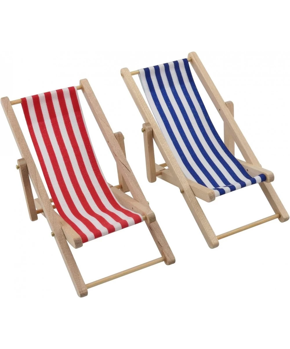 2pcs Mini Wooden Folding Beach Sunbath Chair Longue Deck Chair Craft Striped Furniture for Dollhouse Home Desk Garden Decorat...