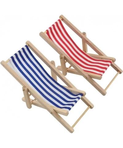 2pcs Mini Wooden Folding Beach Sunbath Chair Longue Deck Chair Craft Striped Furniture for Dollhouse Home Desk Garden Decorat...