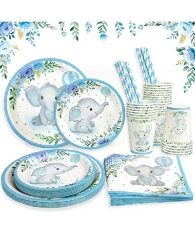 Boy Elephant Baby Shower Plates Set Decorations for 25 Guests Paper Plate Napkins Cups and Straws Disposable Tableware Blue F...