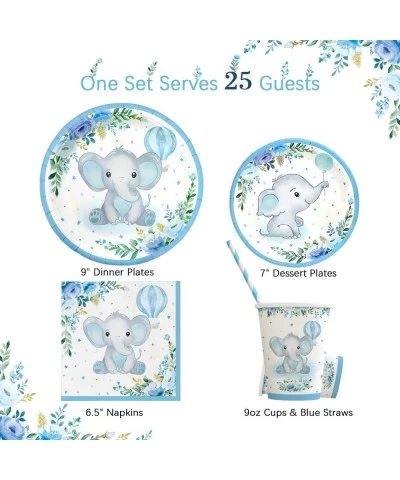 Boy Elephant Baby Shower Plates Set Decorations for 25 Guests Paper Plate Napkins Cups and Straws Disposable Tableware Blue F...