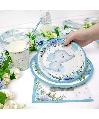 Boy Elephant Baby Shower Plates Set Decorations for 25 Guests Paper Plate Napkins Cups and Straws Disposable Tableware Blue F...