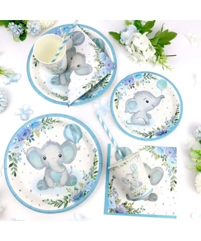 Boy Elephant Baby Shower Plates Set Decorations for 25 Guests Paper Plate Napkins Cups and Straws Disposable Tableware Blue F...