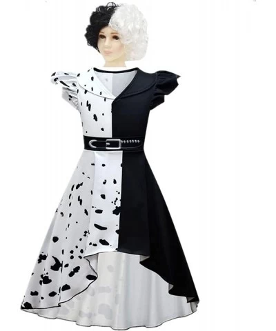 Cruella Costume for Girls Witch Deville Outfit Black White Halloween Cosplay with Wig Dress up $45.04 Kids' Costumes