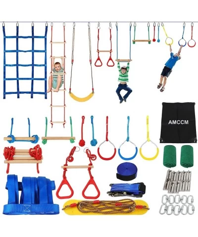 Ninja Warrior Obstacle Course for Kids -Slackline Kit 65FT with 15 Sturdy Attachments Like Obstacle Net Swing Monkey Bar - Ni...