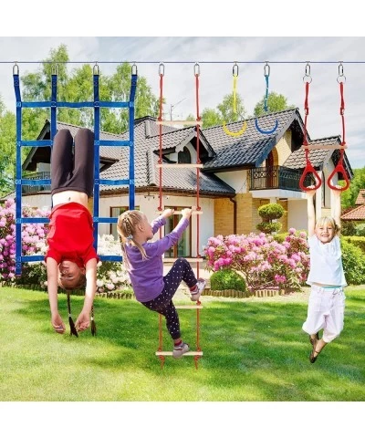 Ninja Warrior Obstacle Course for Kids -Slackline Kit 65FT with 15 Sturdy Attachments Like Obstacle Net Swing Monkey Bar - Ni...