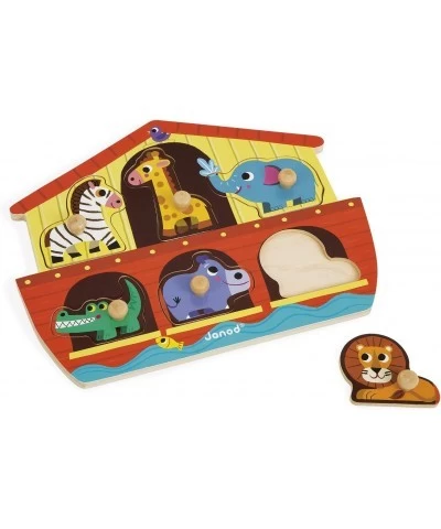 6 Piece Noah’s Ark Puzzle Themed Wooden Peg Colorful Jigsaw Puzzle - Encourages Shape Recognition Dexterity and Language Deve...