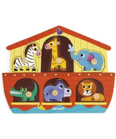 6 Piece Noah’s Ark Puzzle Themed Wooden Peg Colorful Jigsaw Puzzle - Encourages Shape Recognition Dexterity and Language Deve...